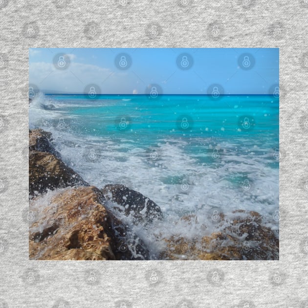 Rocky beach horizon, On the rocks, ocean waves surfing the rocks of a splashing dashing restless Caribbean Sea by Artonmytee